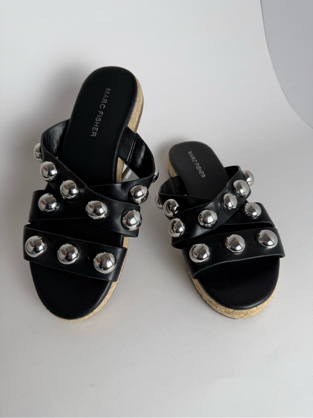 Marc Fisher Black Studded Slide Sandals Size 6 Espadrille‎ Platform Summer Chic